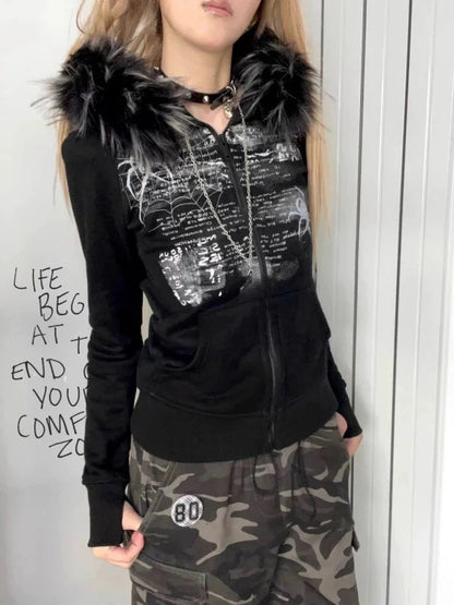 Millennial-style sexy fur-collar women's zip-up jacket