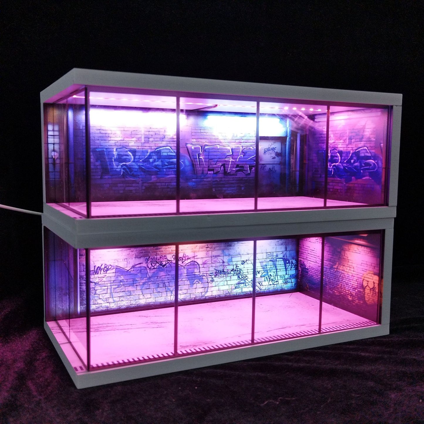 Miniature Cyberpunk Scene Model with Neon Lights
