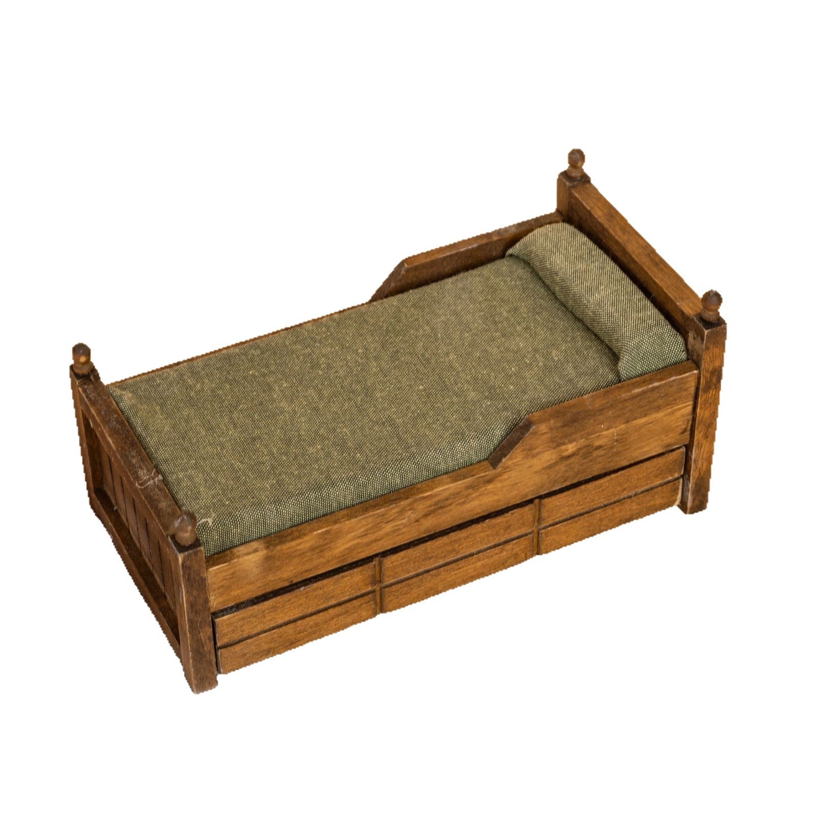 Miniature Wooden Dollhouse Bed with Bedding
