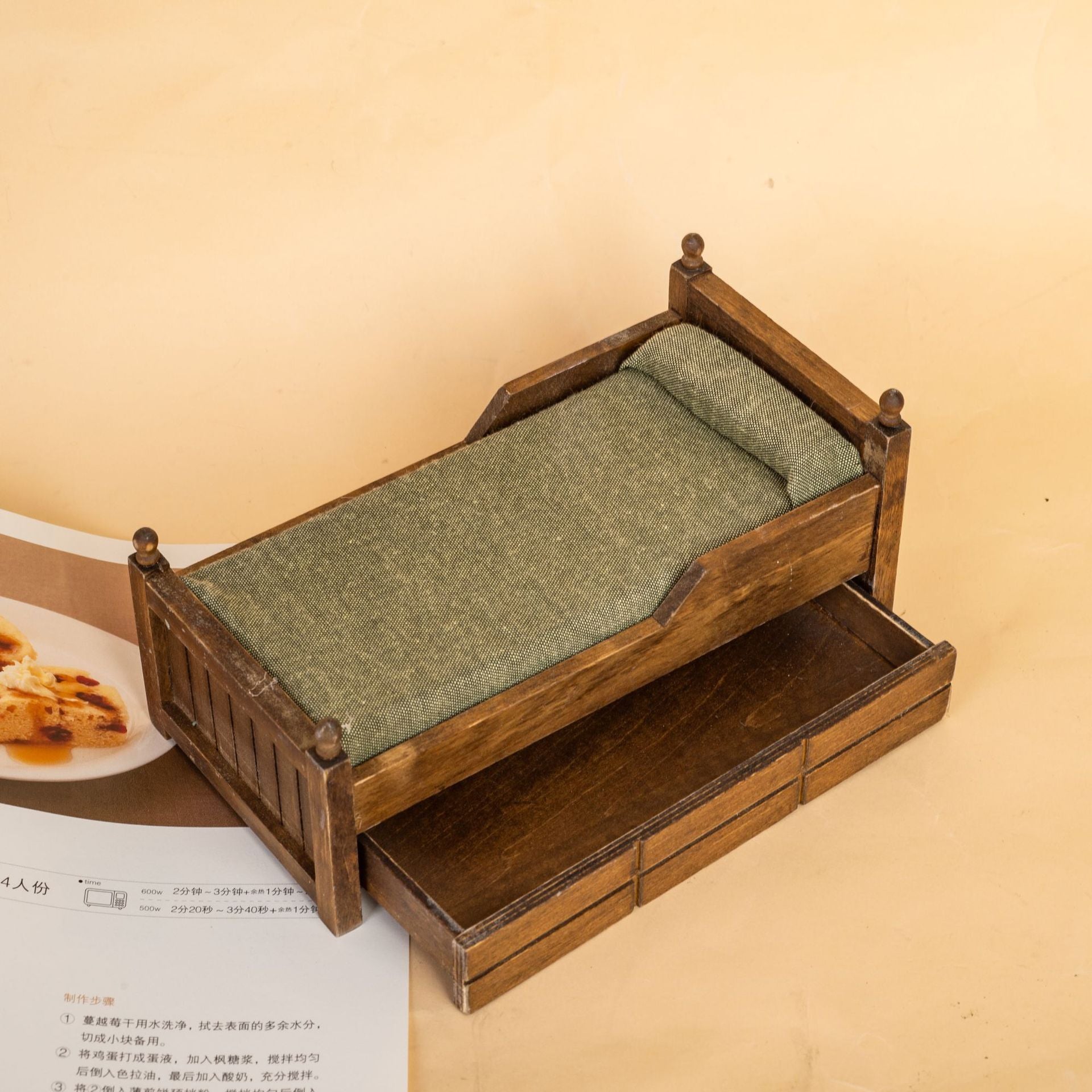 Miniature Wooden Dollhouse Bed with Bedding