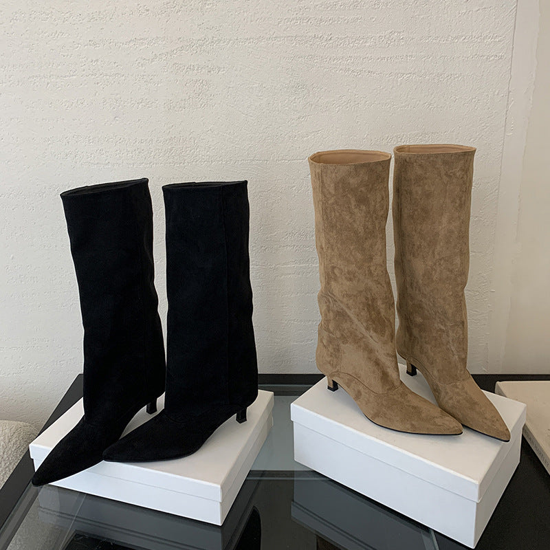 Minimalist Low Heel Pointed Toe Suede High Boots