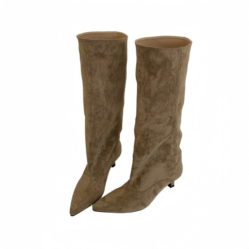 Minimalist Low Heel Pointed Toe Suede High Boots