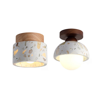 Minimalist Travertine Stone Ceiling Light with Wood Base