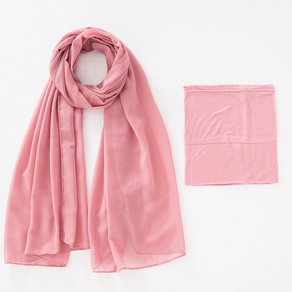 Modal Elastic Bucket Cap with Pearl Chiffon Scarf Set