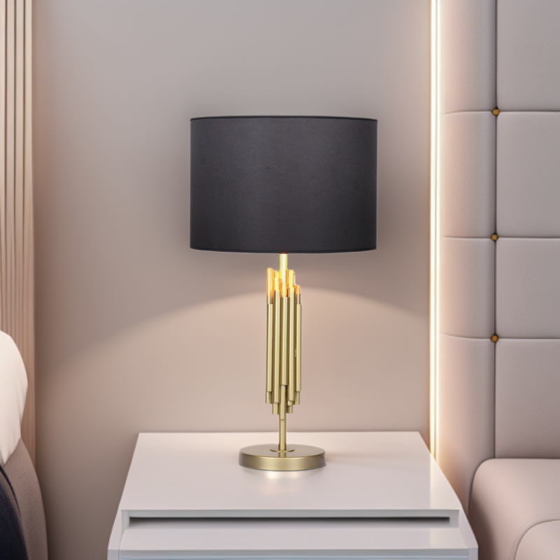 Modern Gold Metal Column Table Lamp with Fabric Shade