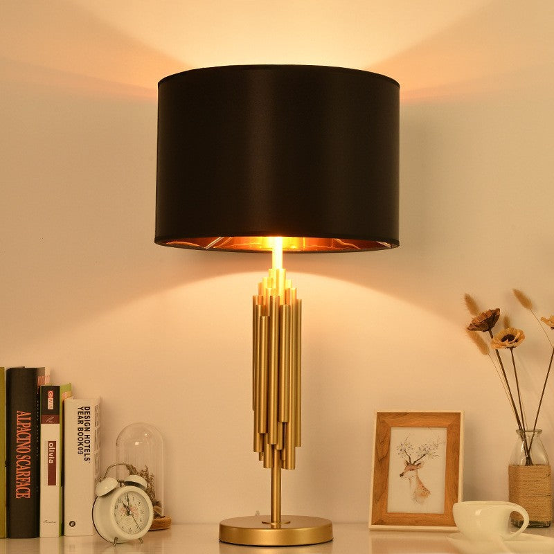 Modern Gold Metal Column Table Lamp with Fabric Shade