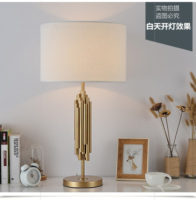 Modern Gold Metal Column Table Lamp with Fabric Shade