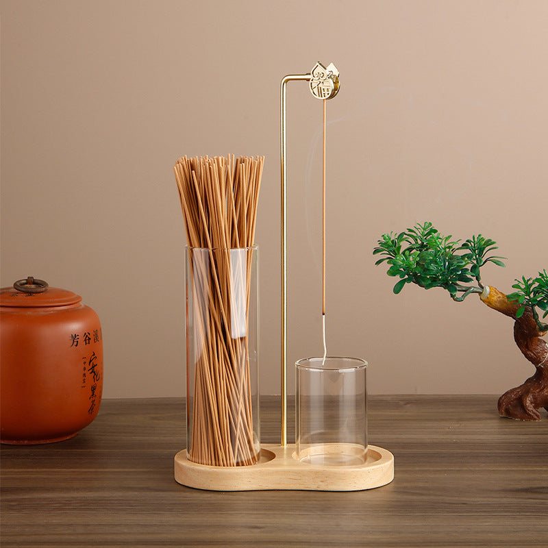 Modern Solid Wood 8-Shaped Incense Burner with Glass Aromatherapy Cup