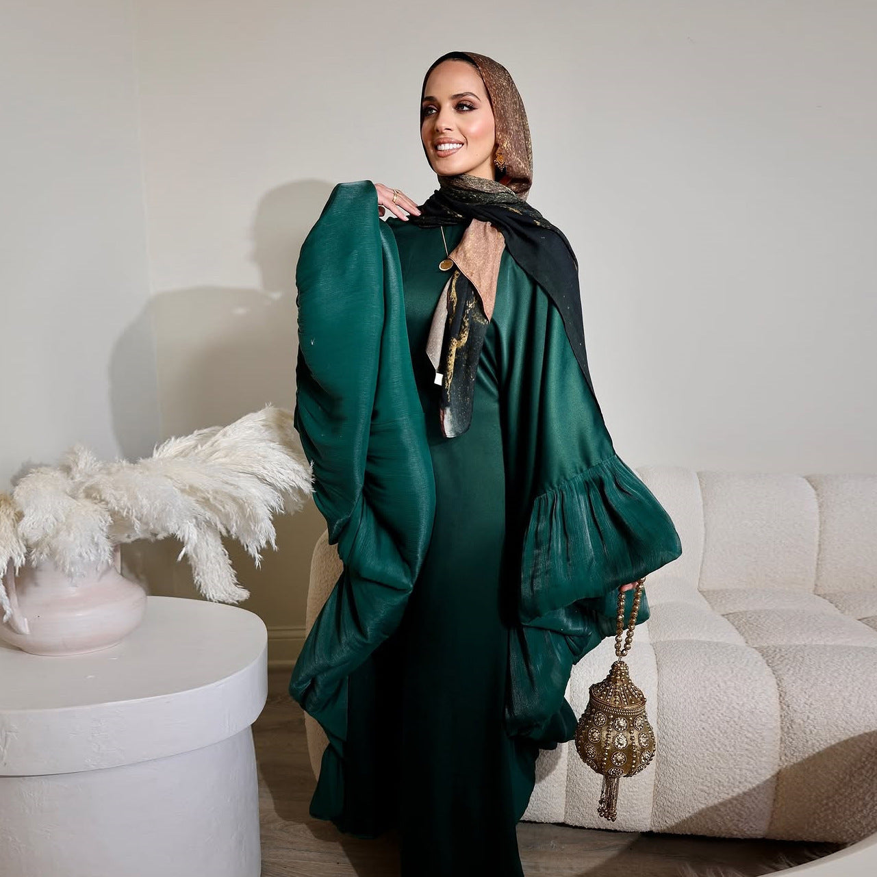 Modest Satin Long Dress with Belt