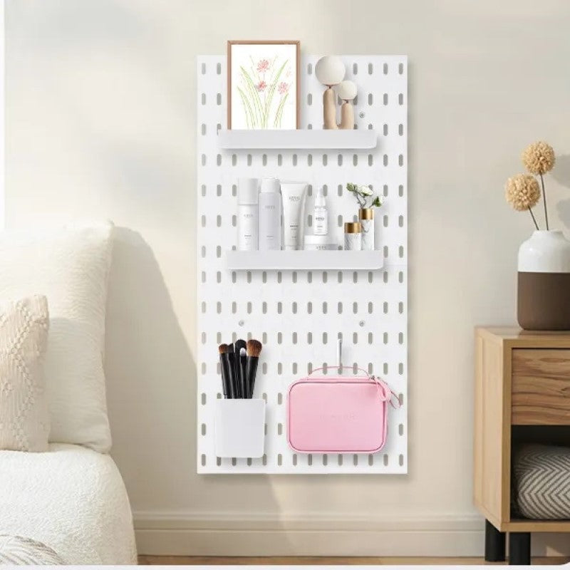 Modular Perforated Wall Storage Organizer with Hooks and Boxes