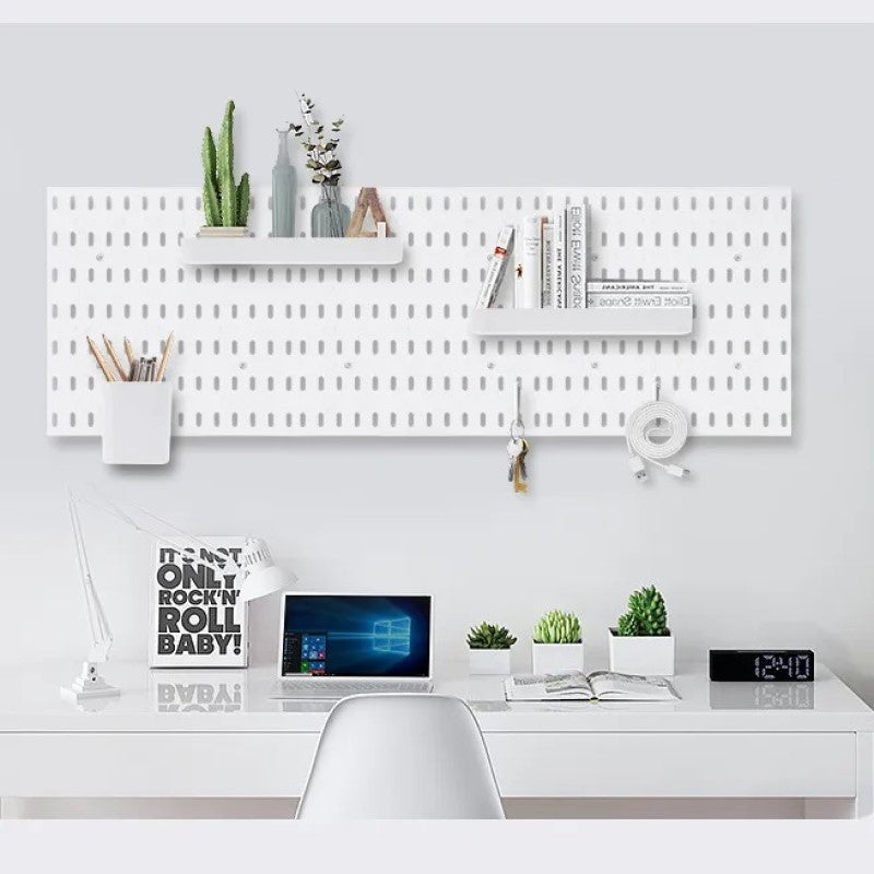 Modular Perforated Wall Storage Organizer with Hooks and Boxes