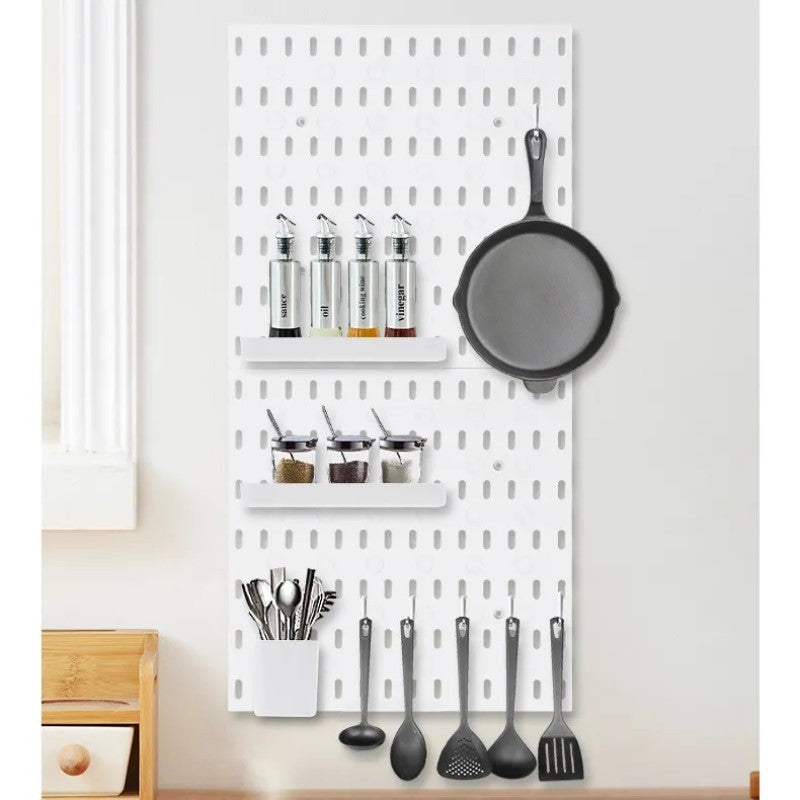 Modular Perforated Wall Storage Organizer with Hooks and Boxes