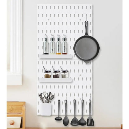 Modular Perforated Wall Storage Organizer with Hooks and Boxes
