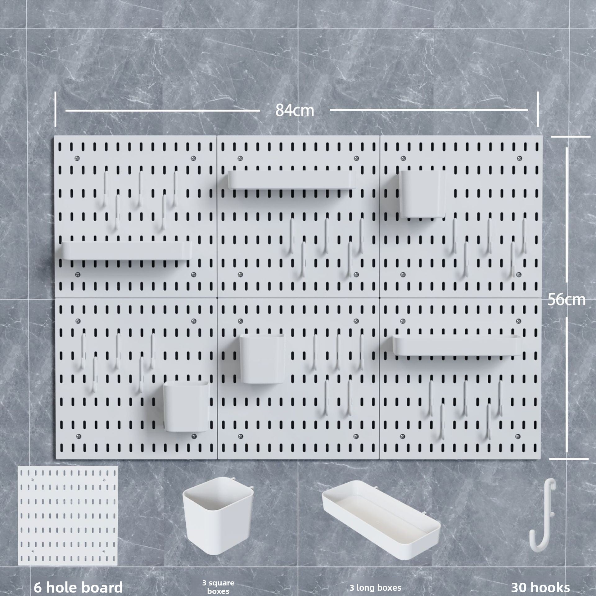 Modular Perforated Wall Storage Organizer with Hooks and Boxes