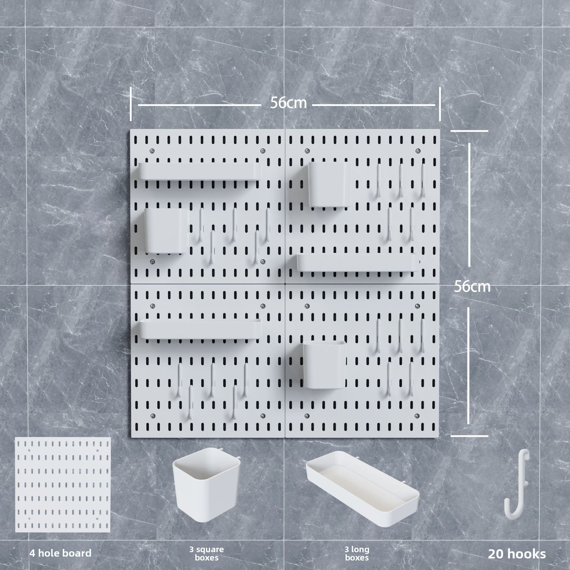 Modular Perforated Wall Storage Organizer with Hooks and Boxes