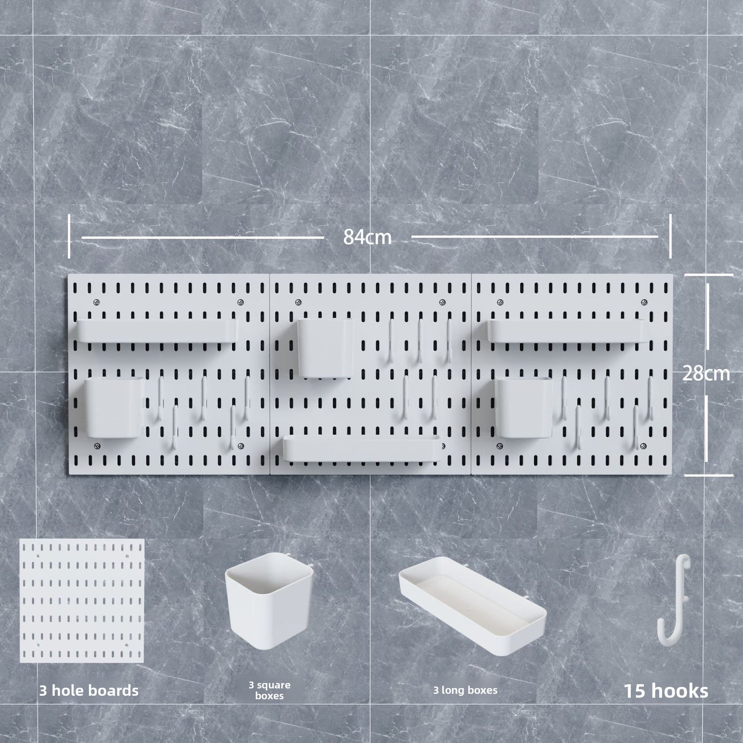 Modular Perforated Wall Storage Organizer with Hooks and Boxes