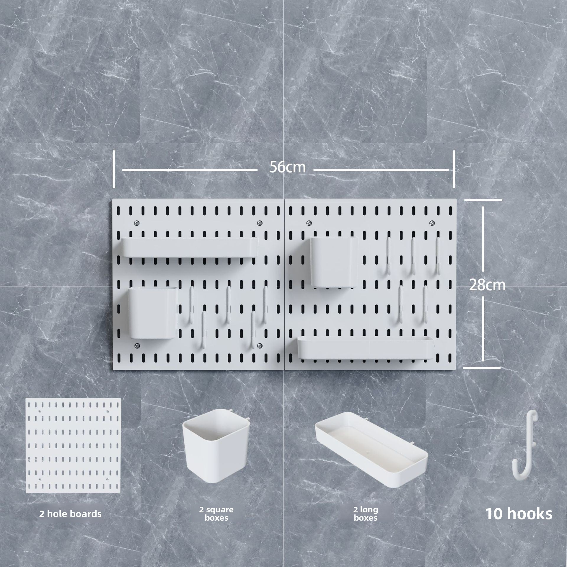 Modular Perforated Wall Storage Organizer with Hooks and Boxes