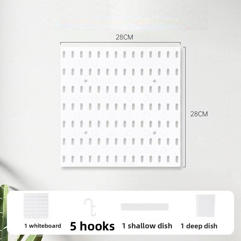 Modular Perforated Wall Storage Organizer with Hooks and Boxes