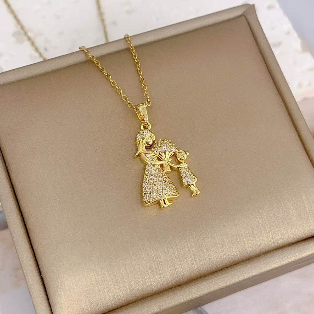 Mother-Daughter Pendant Necklace with Electroplated Finish