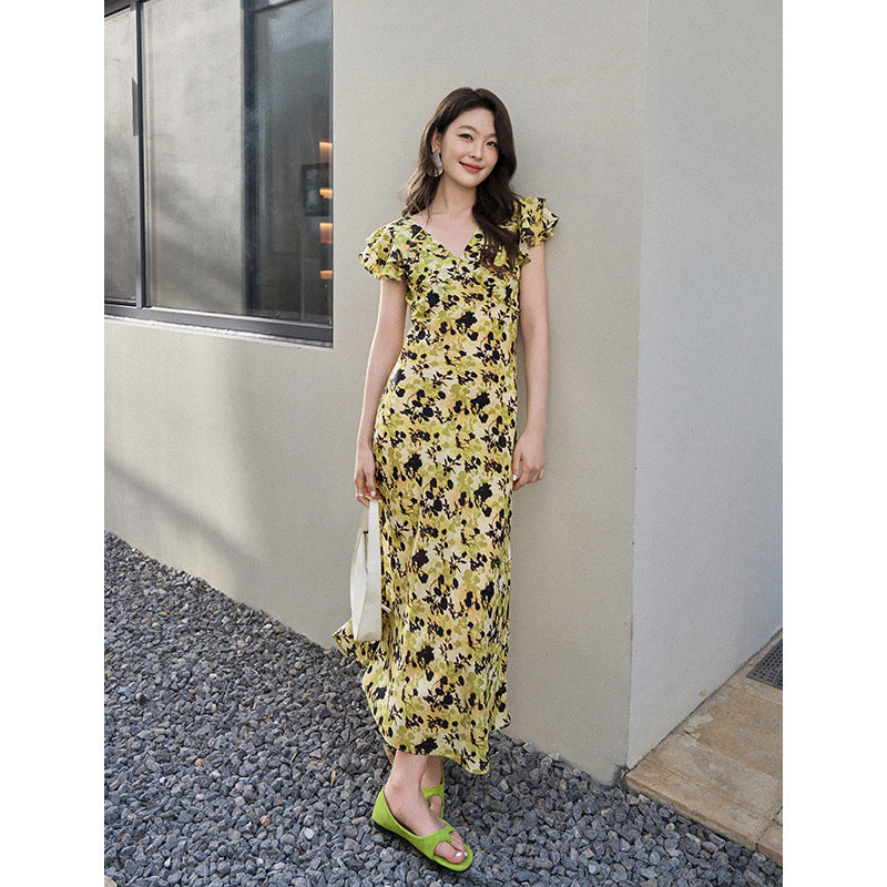 Mulberry Silk Floral French Romantic Dress with Flying Sleeve