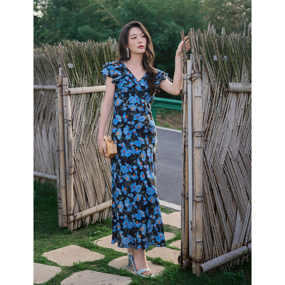 Mulberry Silk Floral French Romantic Dress with Flying Sleeve