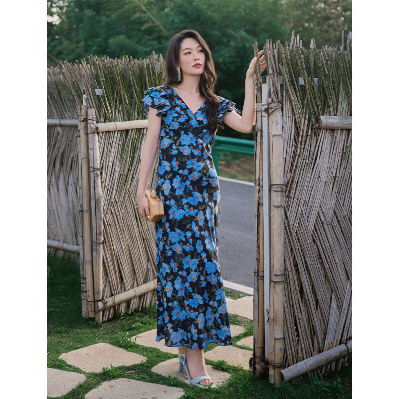 Mulberry Silk Floral French Romantic Dress with Flying Sleeve