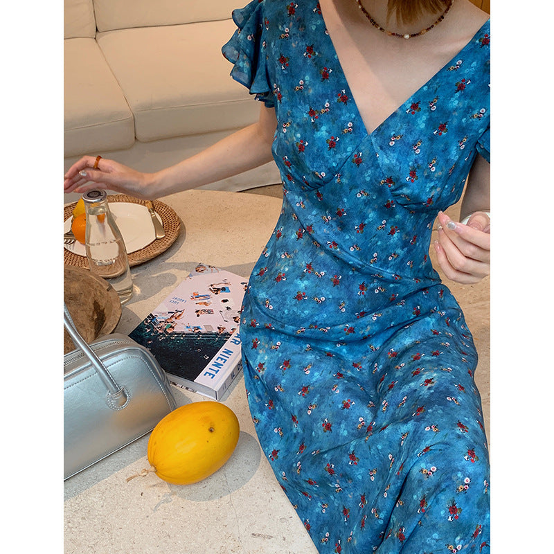 Mulberry Silk Floral French Romantic Dress with Flying Sleeve