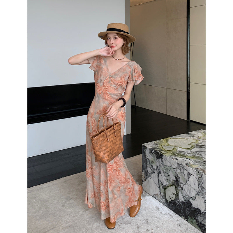 Mulberry Silk Floral French Romantic Dress with Flying Sleeve