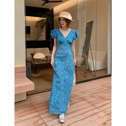 Mulberry Silk Floral French Romantic Dress with Flying Sleeve