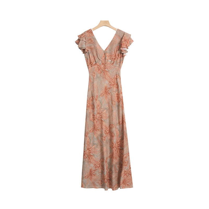 Mulberry Silk Floral French Romantic Dress with Flying Sleeve