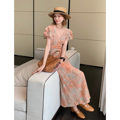 Mulberry Silk Floral French Romantic Dress with Flying Sleeve