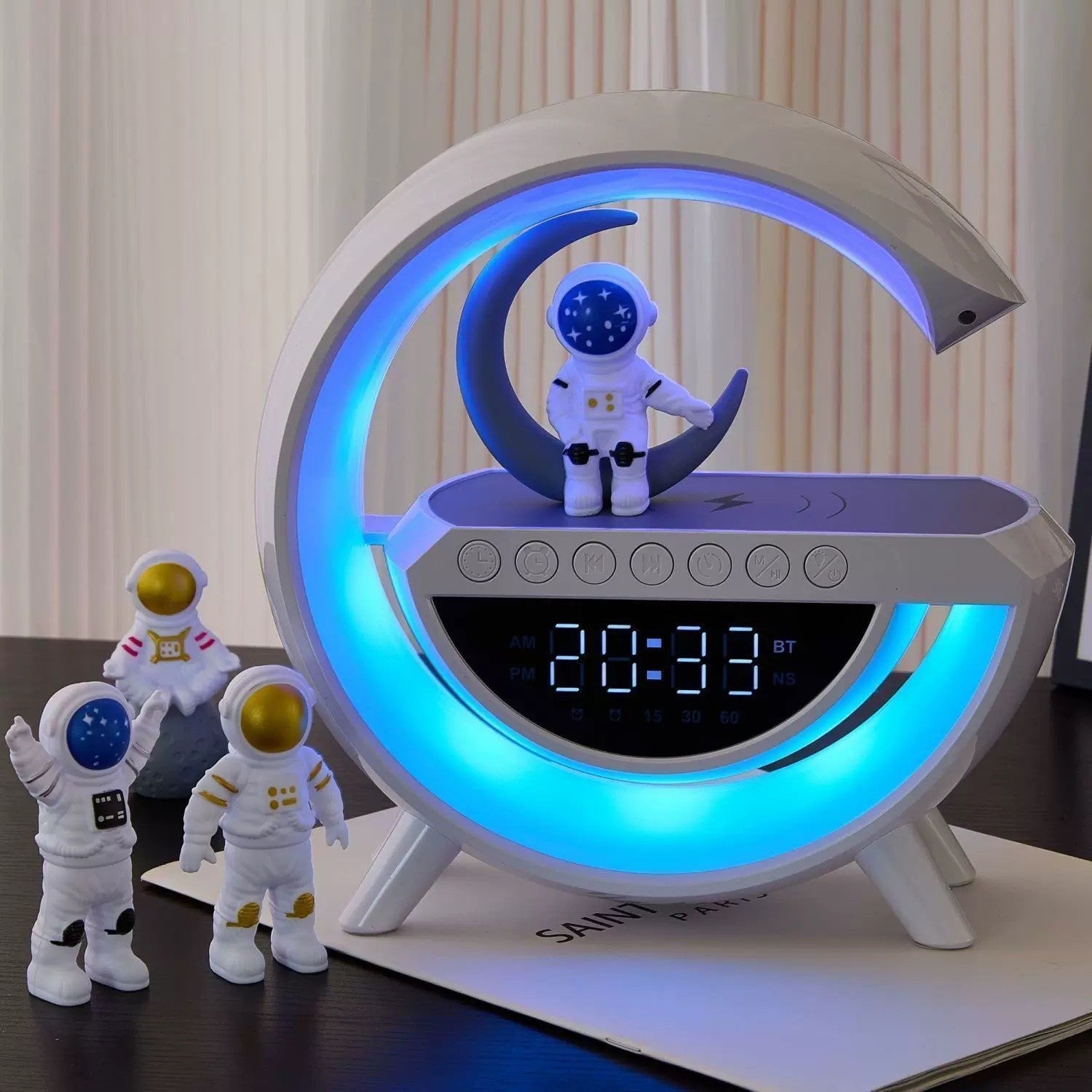 Multi Function Bluetooth Speaker with Wireless Charging Alarm Clock LED Light