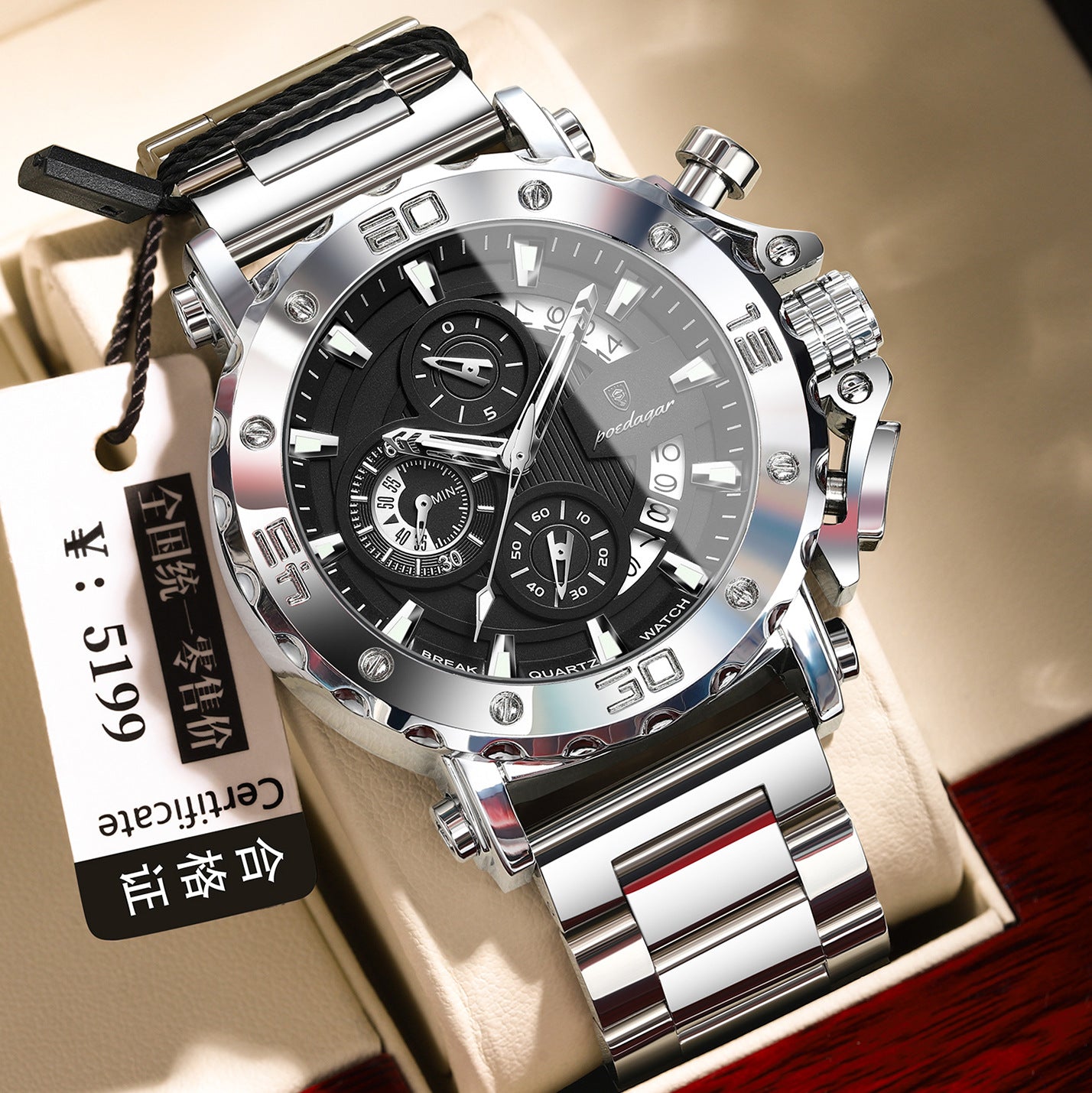 Multi-Function Quartz Watch with Stainless Steel Band