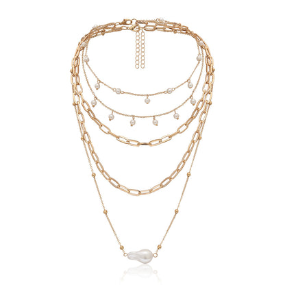 Multi-layer metal chain pearl imitation necklace