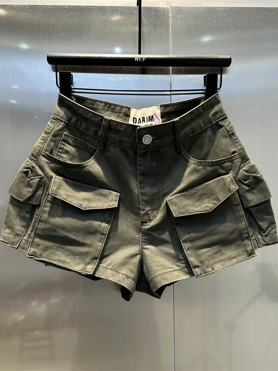 Multi-Pocket High-Waisted Wide-Leg Denim Shorts for Women