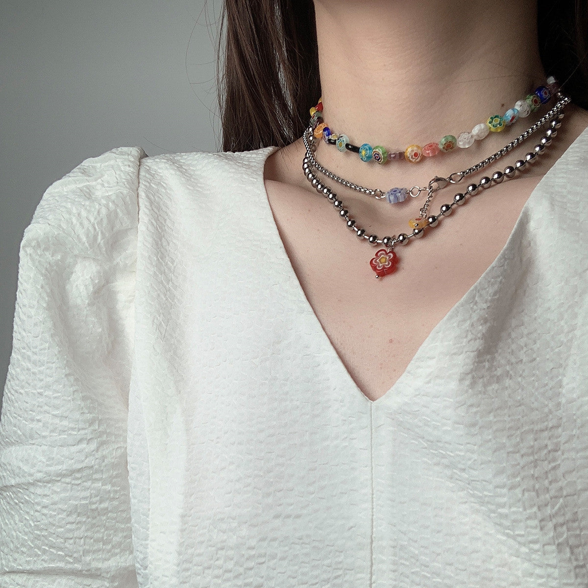 Multicolor Glass Flower Layered Necklace