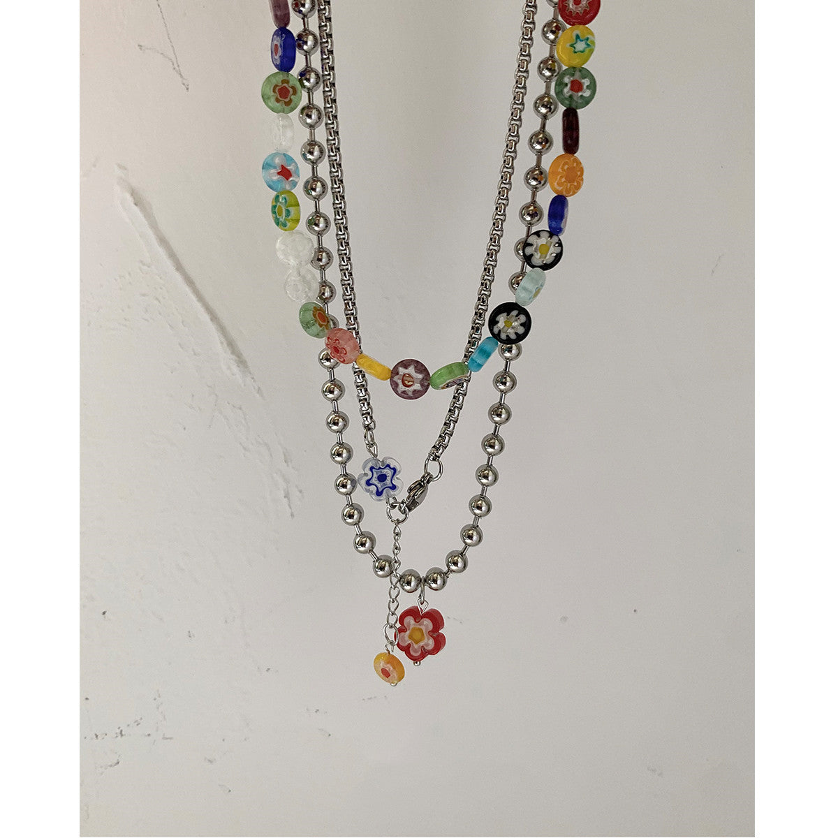 Multicolor Glass Flower Layered Necklace