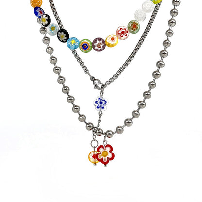 Multicolor Glass Flower Layered Necklace
