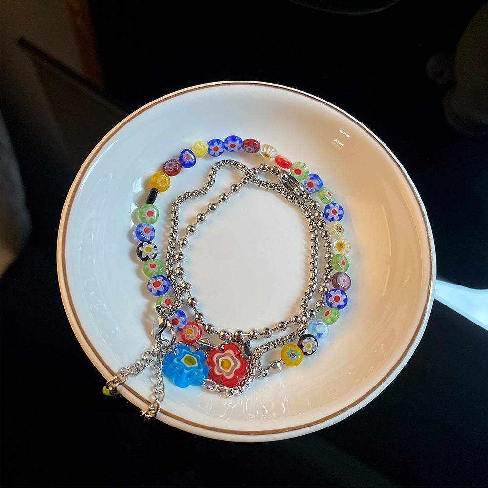 Multicolor Glass Flower Layered Necklace