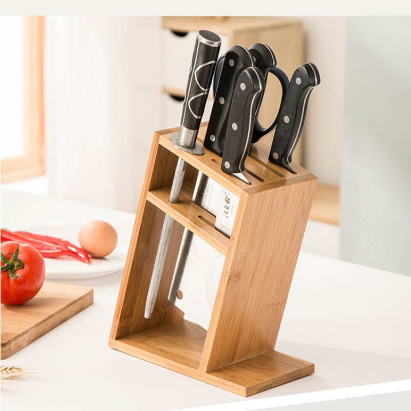 Multifunctional Bamboo Kitchen Knife Holder with Utensil Storage