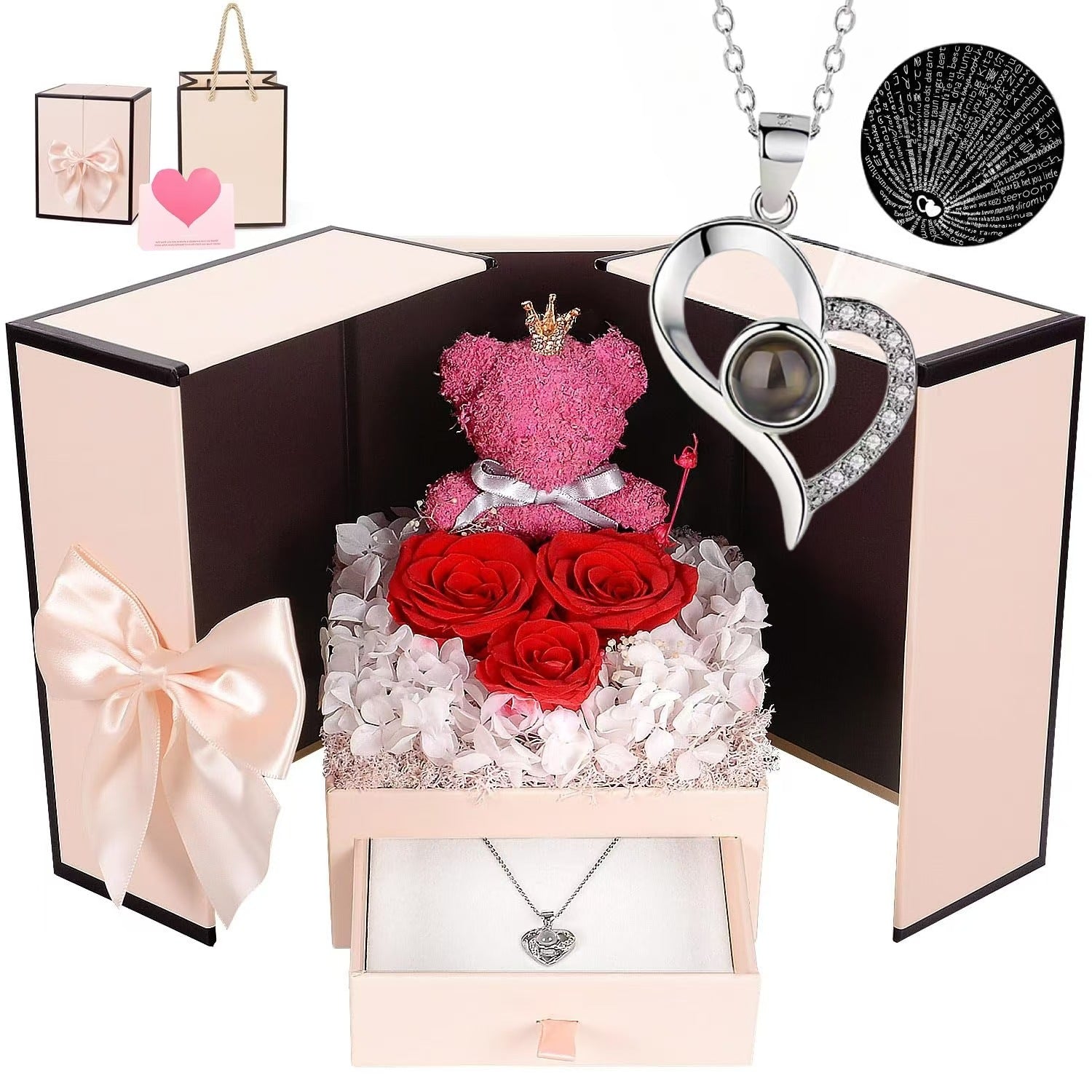 Multilingual Projection Necklace with Heart Pendant