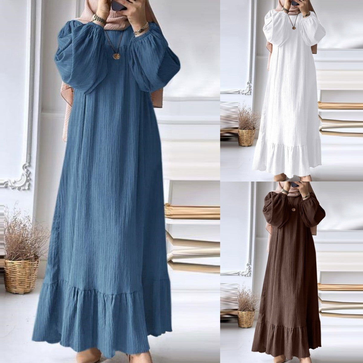 Muslim Women's Long Sleeve Ruffled Hem Dress