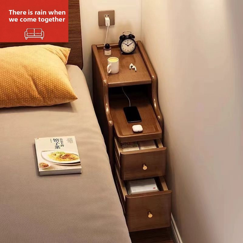Narrow Solid Wood Bedside Table with Glass Top