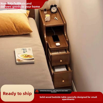 Narrow Solid Wood Bedside Table with Glass Top