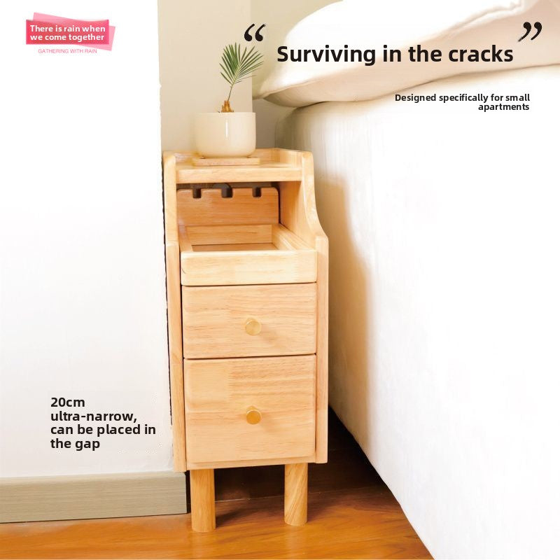 Narrow Solid Wood Bedside Table with Glass Top