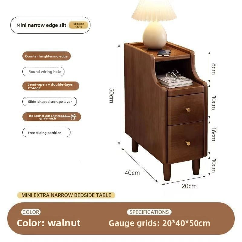 Narrow Solid Wood Bedside Table with Glass Top