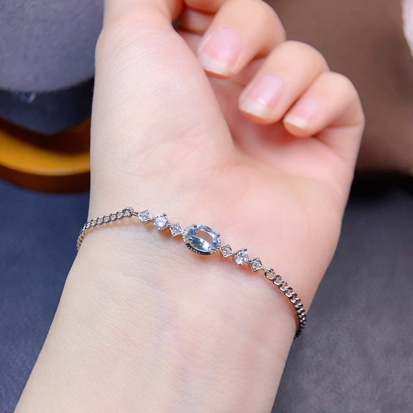 Natural Aquamarine Silver Bracelet with Gold Plating