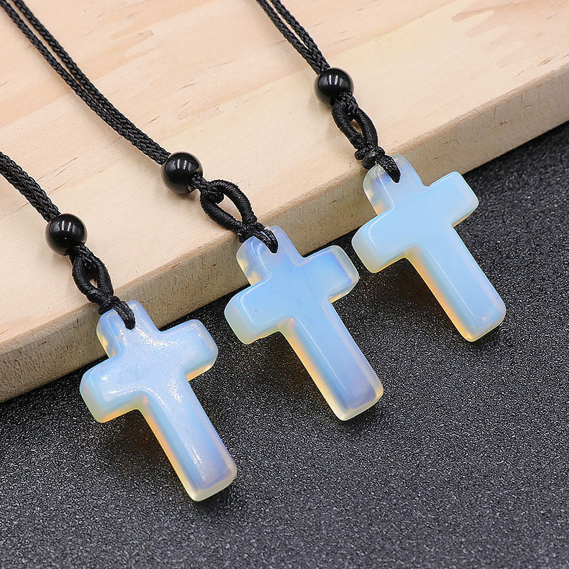 Natural Crystal Agate Woven Cross Necklace