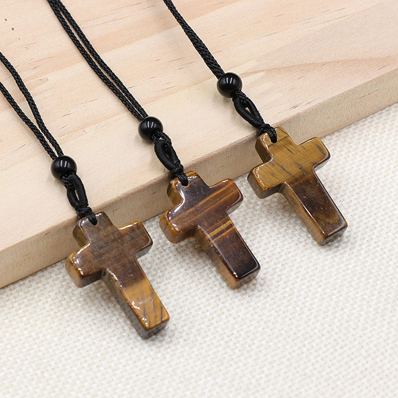 Natural Crystal Agate Woven Cross Necklace