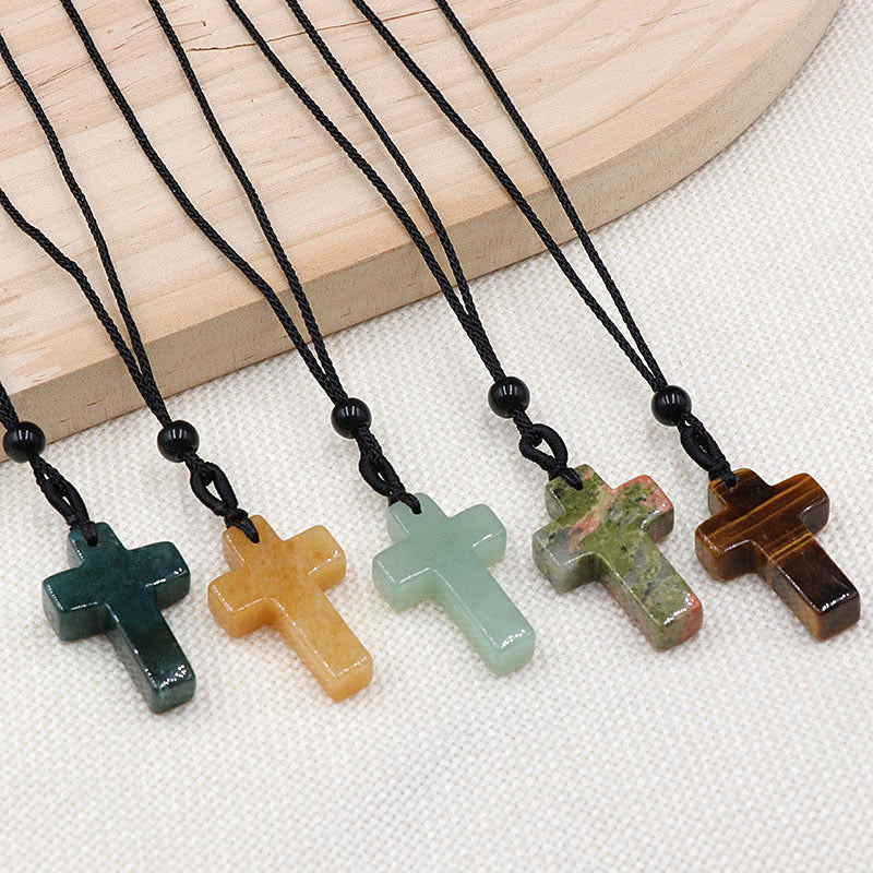 Natural Crystal Agate Woven Cross Necklace
